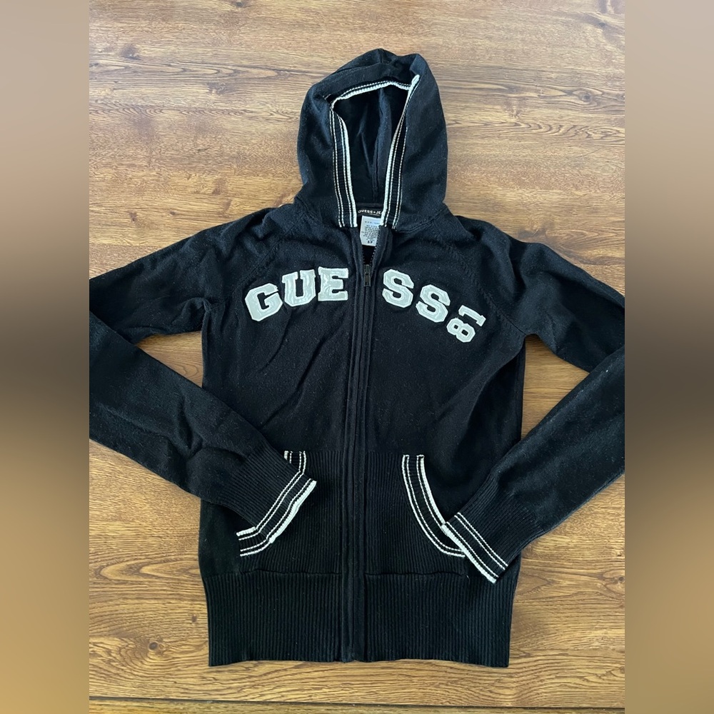 Womens Black Guess Jeans  zip up sweater with hood size small